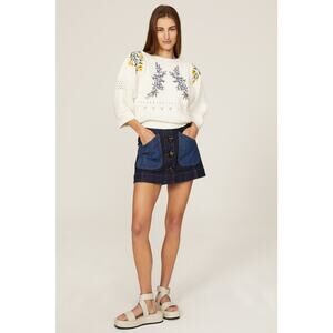 BA&SH White Knit 100% Cotton Crochet Stitches Bright Florals Miro Sweater Size S